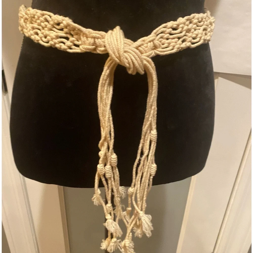 Woven macrame Rope Tassel Belt - Cream natural